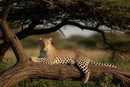 Wild female leopard rests on large tree branch in safari park. Spotted panthera pardus predator lies on wooden log under acacia tree shade. African wildlife animal relaxes in natural savanna habitat