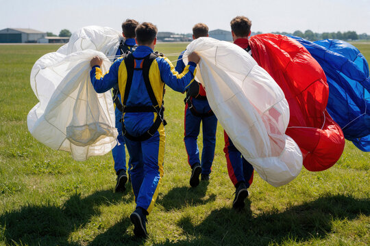 Group of skydivers walk across green airfield after jump. Team carries large colorful parachutes on back. Pro jumpers in blue jumpsuits carry gear toward landing zone. Extreme sport hobbyists walking