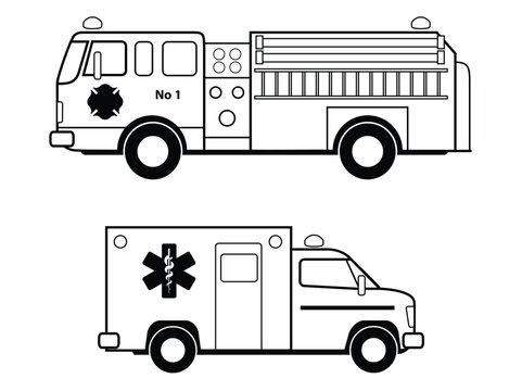 Fire truck and ambulance line art illustration on a white background