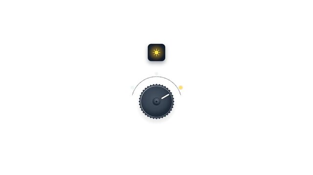 A metal rotary knob turns through click stops while the icon window switches from speaker to wifi to sun. Seamless 6-second 4K alpha loop for settings, smart home and audio content.