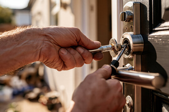 Professional locksmith repairing the lock of a residential front door