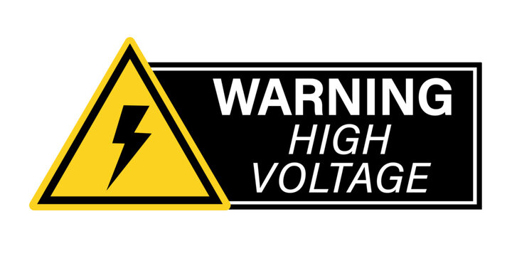 Warning, high voltage. Yellow triangle warning sign with lightning bolt symbol and text by right on black background.