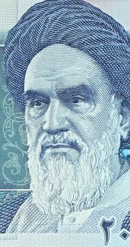 Detailed Khomeini Portraits Across Iranian Banknotes. Khomeini portraits animate across Iranian banknotes, with intricate engraved features and changing colors. 