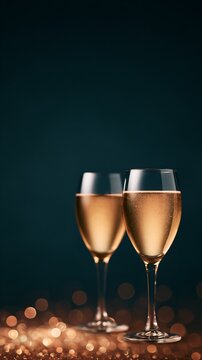 Glistening champagne glasses with bubbles against dark teal background with gold