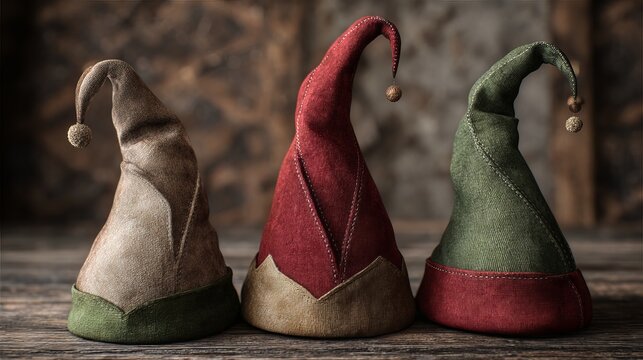 Handmade christmas elf hats in red beige and green colors sitting together on a rustic wooden table surface