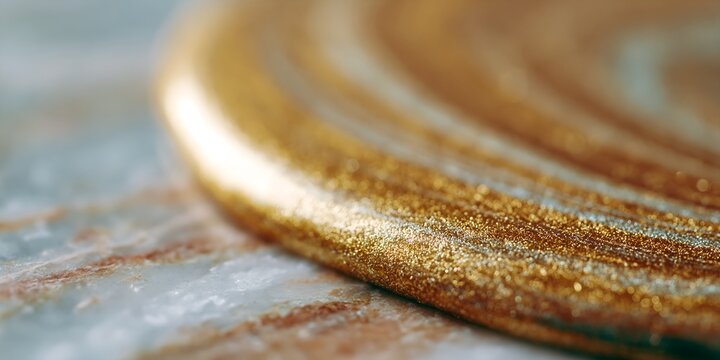 Close-up of shiny golden spiral on weathered wood