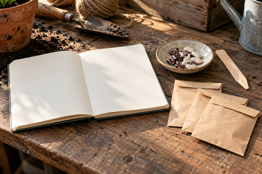 Open blank notebook beside gardening seed envelopes