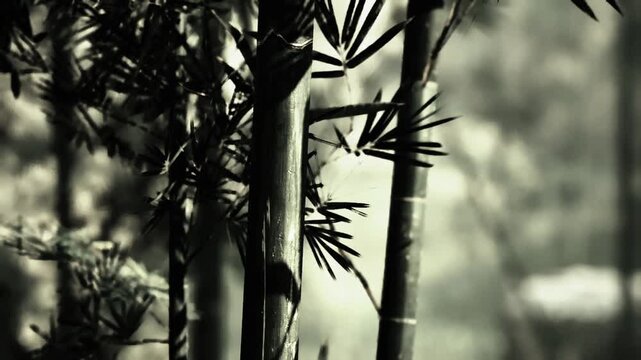 dramatic bamboo silhouette with intense contrast and layered shadows, cinematic vignette perfect for emotive editorial, poster art or moody photography projects
