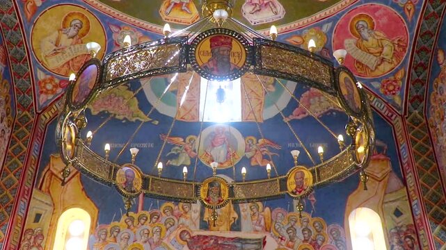 St John Vladimir Cathedral Interior Golden Dome Paintings Chandelier Bar Montenegro.