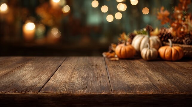 Empty rustic wooden table top surface with blurred autumn pumpkins and cozy bokeh lights in the background