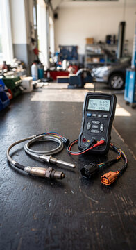 Handheld automotive tester connected to sensor cable and orange adapter on a dark workshop bench, with vertical close composition, simple diagnostic setup, blurred service garage.