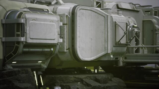 Access hatch assembly with walkway and sealing mechanisms, visible hinges, gasket detail, bolted struts and weathered alloy, standby readiness vibe