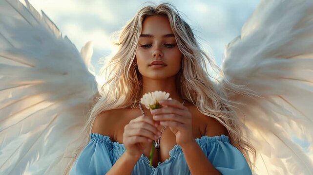 Young woman with angel wing holding a flower. Fantasy being posing at twilight. Beautiful blonde lady in fairy costume smelling white bloom in mystical scene.