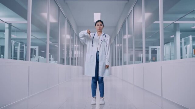 Full Body Of Asian Woman Doctor With Stethoscope Showing Thumbs Down Gesture While Standing In A Hospital Corridor