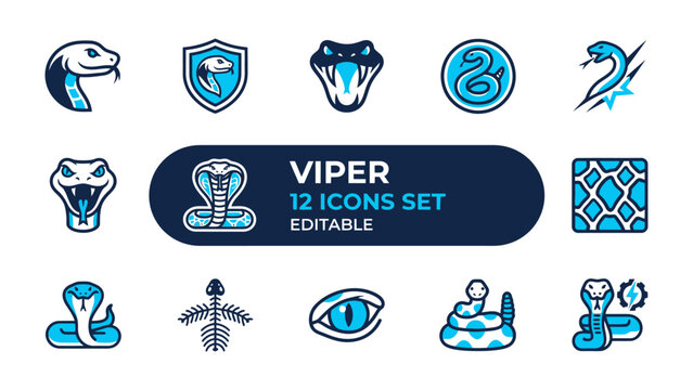 Viper Icon Set: A collection of twelve distinct viper icons, featuring venomous snakes, shields, eyes, and tribal designs in a striking blue and dark navy color palette.