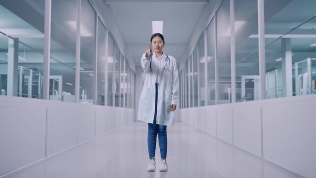 Full Body Of Asian Woman Doctor With Stethoscope Showing No Gesture While Standing In A Hospital Corridor