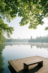 Fototapeta premium Wooden pier with bench sits over calm lake water. Green tree leaves frame top view of peaceful misty landscape. Summer morning scenery with quiet waterfront, foliage. Relaxing nature background for