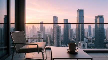 Fototapeta premium Modern balcony view of city skyline at sunrise. Minimalist metal chair, coffee mug sit on terrace. Skyscraper buildings under pastel sky create calm urban atmosphere. High floor apartment lifestyle