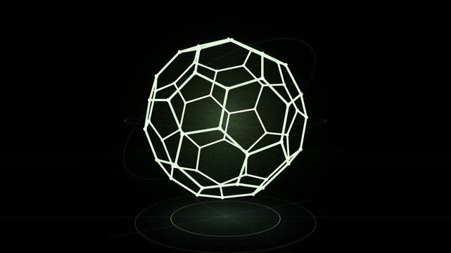 Futuristic 3D holographic wireframe soccer ball with glowing neon green emissive struts, illuminated nodes, and faint cybernetic tactical grid rotating 360 degrees in seamless 12-second 4K 60fps loop.