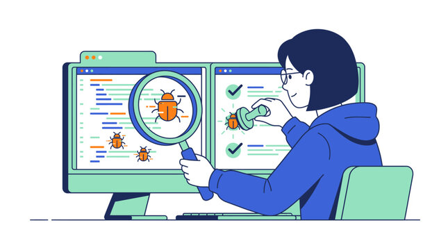 Software quality assurance engineer debugging code, female programmer finding system bugs with magnifying glass, professional flat vector illustration