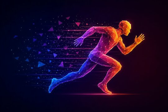 Dynamic digital human runner with glowing neon effect in space background
