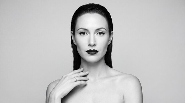 Black and White Beauty Portrait of Woman With Bold Lips