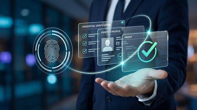 Hand holding tablet displaying holographic credential verification profile with fingerprint and document checkmarks representing advanced identity management and security technology