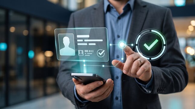 Business professional in suit using tablet with holographic identity profile and approval status checkmark for secure corporate credential verification and digital access