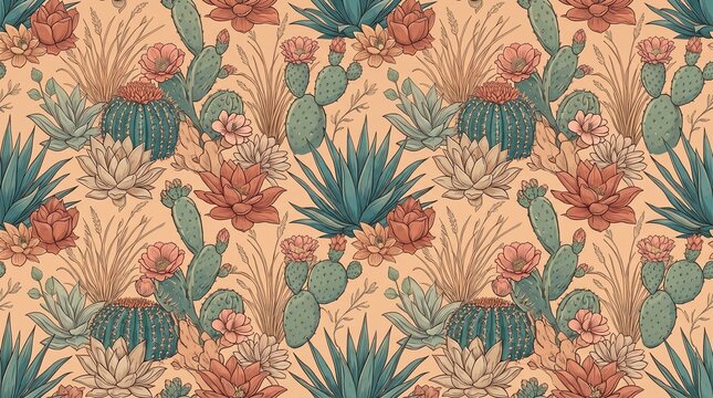 Seamless pattern of hand drawn cactus and succulent plants on beige