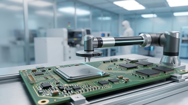 Advanced industrial robot performing microscopic assembly task on green printed circuit board within high tech sterile manufacturing environment featuring automated production line
