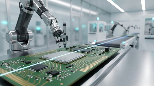 Precision robotic arm assembly process on green circuit board within automated manufacturing facility highlighting high tech industrial robotics and electronics production technology