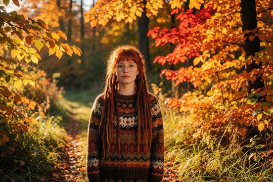 Young woman with red dreadlocks, glasses stands in autumn forest. Beautiful girl wears warm sweater among colorful fall leaves. Happy person enjoys nature scenery in golden park during season of