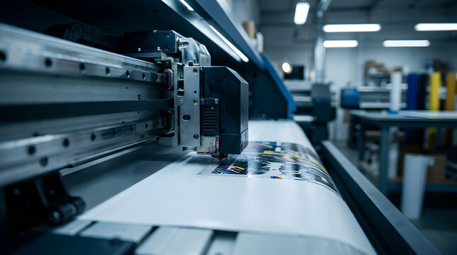 Industrial large format printer head printing vibrant graphics on vinyl banner material inside modern manufacturing factory. Professional sign making equipment machinery close up view with shallow