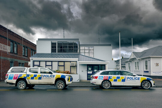 New Zealand small town police station and Mitsubishi Triton utility pickup and Skoda Superb police vehicles at Taihape on September 4, 2026.