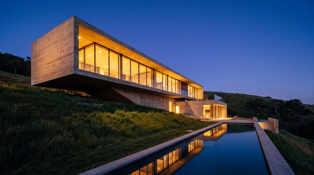 Cantilevered Concrete Modernist Villa Over Hillside at Dusk