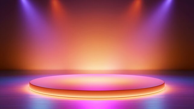 Circular platform bathed in dramatic colored spotlights.