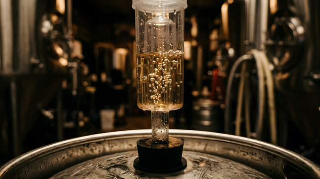 Brewery fermentation airlock bubbling with golden beer yeast fermentation process inside a craft brewery fermentation tank with industrial stainless steel equipment background in high quality photo