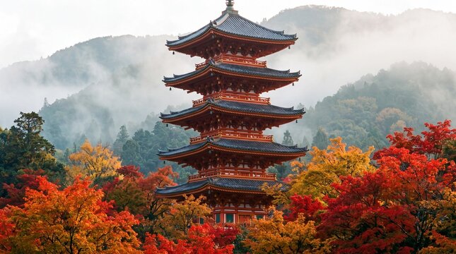 Multi Tiered Wooden Pagoda Among Misty Mountain Forest