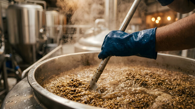 Craft beer brewing process inside a modern microbrewery with a professional worker in blue protective gloves stirring steaming hot grain mash inside a large stainless steel kettle fermentation tank