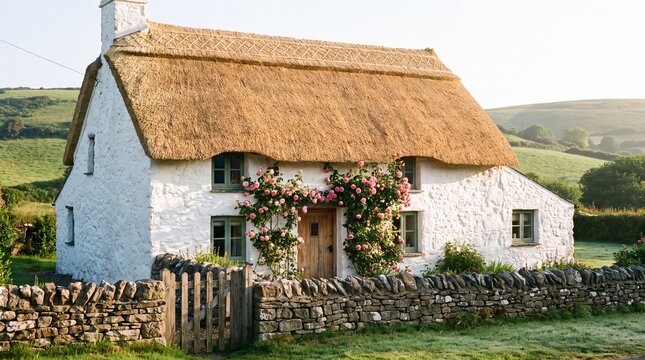 Thatched Roof Cottage With Whitewashed Walls in Countryside