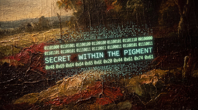 Hidden binary code message glowing over cracked old oil painting