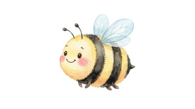 Cute fluffy bumblebee with yellow and black stripes and translucent blue wings, depicted in a charming watercolor illustration style, happily floating on a clean white background.