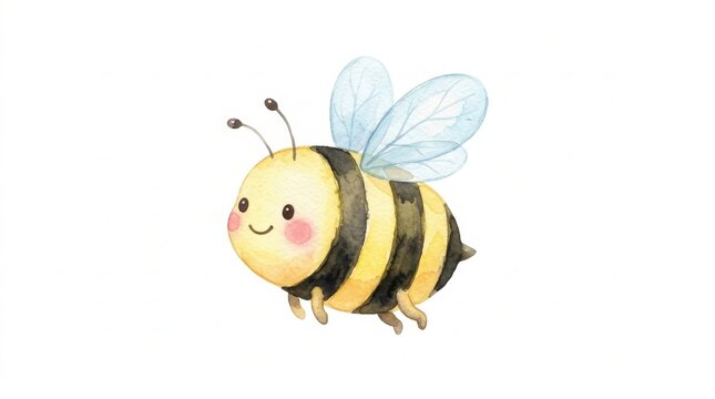 Cute smiling watercolor bee illustration on a bright white background, featuring a happy cartoon insect with vibrant yellow and black stripes, soft blue wings, and adorable pink rosy cheeks, ideal for