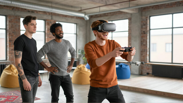 Three young men in a modern industrial loft with a virtual reality headset and drone
