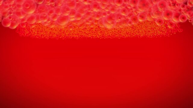 Red fizzy bubble foam clustered along top edge of vivid red gradient backdrop, animated particle background with large empty copy space for text and promotions