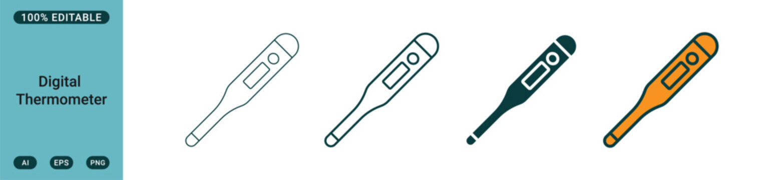 Digital thermometer icons in different styles, medical equipment for measuring body temperature, vector illustration web icon set in linear style