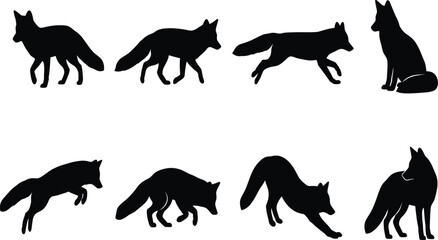 Obraz premium Set of Eight Black Fox Silhouettes in Various Dynamic Poses on White BackgroundSet of Eight Black Fox Silhouettes in Various Dynamic Poses on White Background