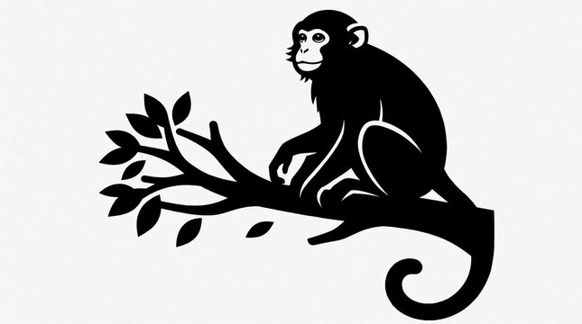 Black silhouette illustration of monkey sitting on tree branch. Wild primate rests on leaf stem in jungle. Minimalist animal art shows wildlife nature in forest. Simple graphic design for zoo mascot