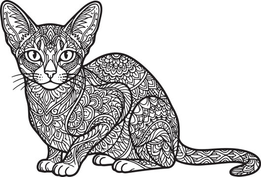 Intricate zentangle style of a sitting cat with detailed floral patterns and ornate decorative line on white background