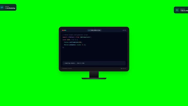 Computer monitors grid displaying software code on green background